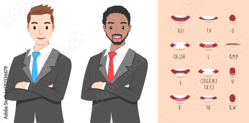 Businessman Character. Lip sync collection for animation. male mouth animation. Phoneme mouth chart. Alphabet pronunciation. Vector illustration.