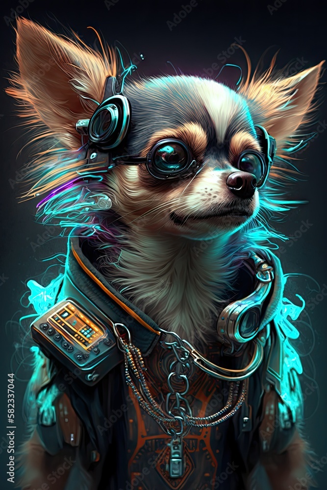 Meet Beautiful Futuristic Designer Art of Chihuahua Animal: A Striking, Cool, Otherworldly, Artistic Illustration Ideal for High-Tech and Sci-Fi Design Projects (Generative AI)