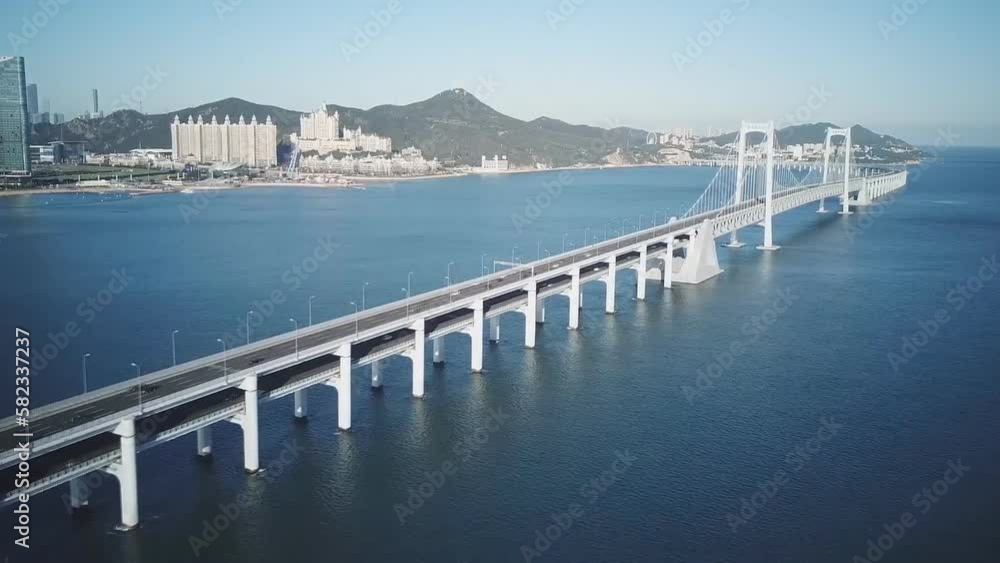 Xinghai Bay Bridge, Dalian, Liaoning, China. three-span earth anchor suspension bridge, 820m totally long with 460m main span. Dalian Xinghai Bay (aerial photography) Xinghai Bay Bridge, Dalian, Liaoning, China. three-span earth anchor suspension bridge, 820m totally long with 460m main span. Dalian Xinghai Bay (aerial photography)
