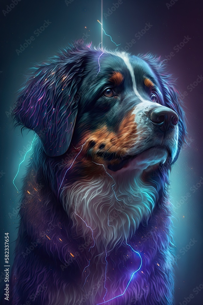 Futuristic Bernese Mountain Dog Beautiful Artistic Designer Illustration of Ethereal Canine Character with a Cool, Otherworldly Look, Ideal for High-Tech and Sci-Fi Designs (Generative AI