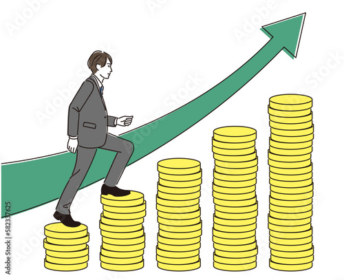 お金でできたグラフの階段を上るビジネスマン　上向きの矢印