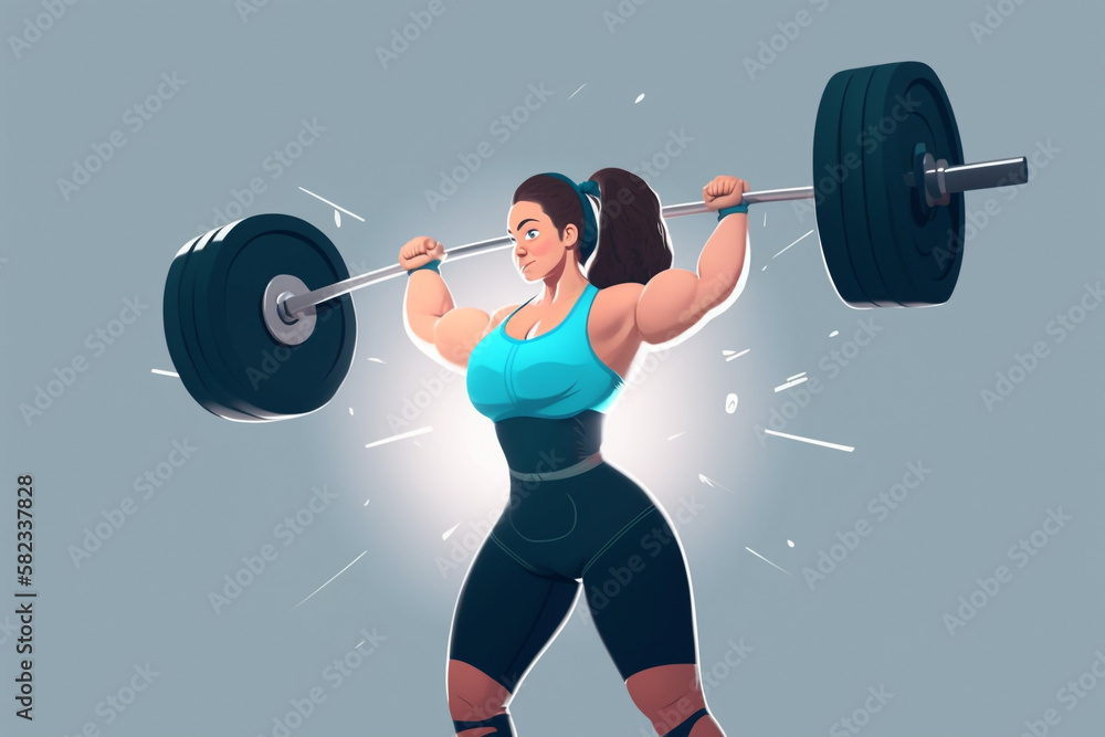 Obraz premium Strong woman lifting barbell flat color faceless character, Generative AI 