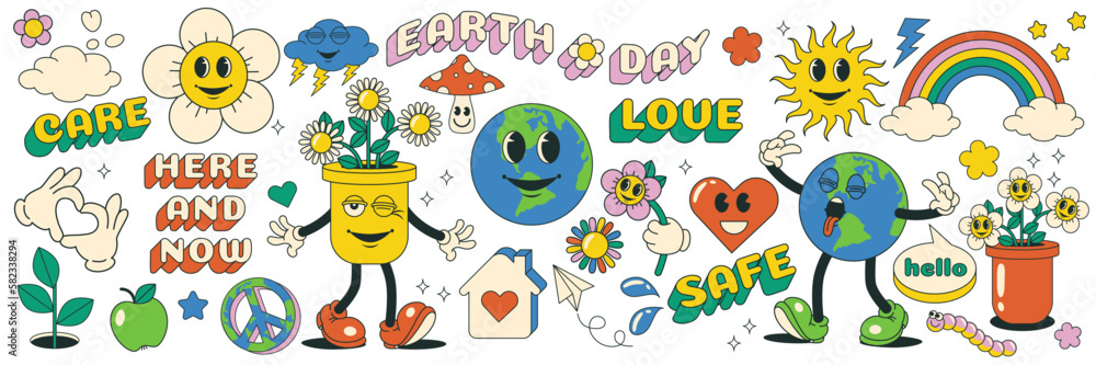Fototapeta premium Groovy cartoon characters. Sticker pack for Earth or World Environment Day. Sticker pack in trendy retro cartoon style. Isolated vector illustration. Hippie 60s, 70s style.