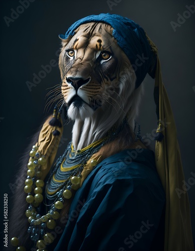 Portrait of lion with clothings, vermeer style, 12K, high quality, surreal photo, HD, lion like human, moody © Karl