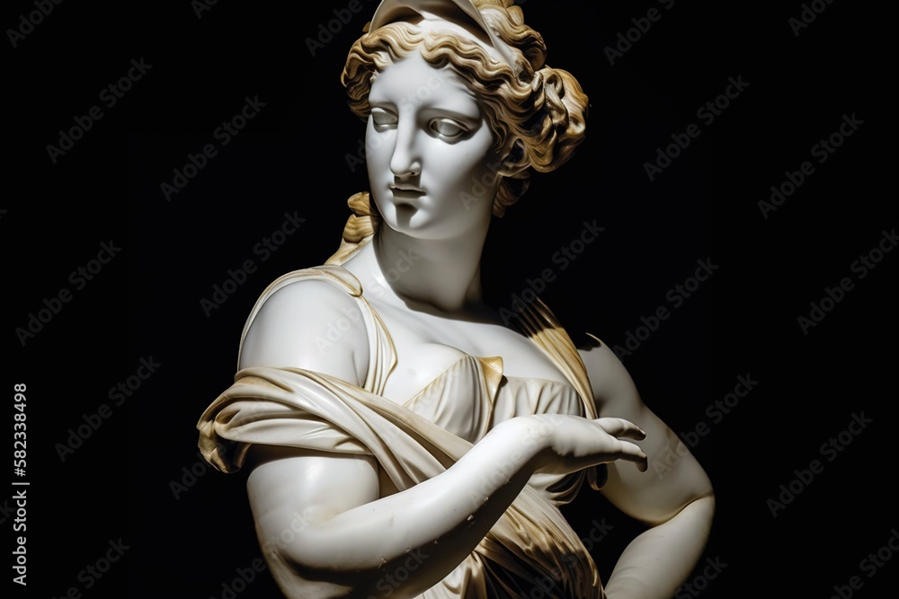 Ancient greek and roman marcle statue of a woman wearing a fabric from antiquity on a black background, reworked and enhanced ai generative photography sculpture - obrazy, fototapety, plakaty 