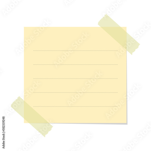 Yellow sticky note vector illustration. Taped office memo paper mockup template.