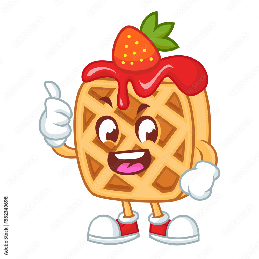 waffle with sauce strawberry and giving thumb up waffle with sauce strawberry and giving thumb up