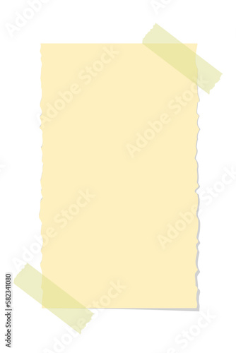 Torn yellow sticky note vector illustration. Taped office memo paper template.