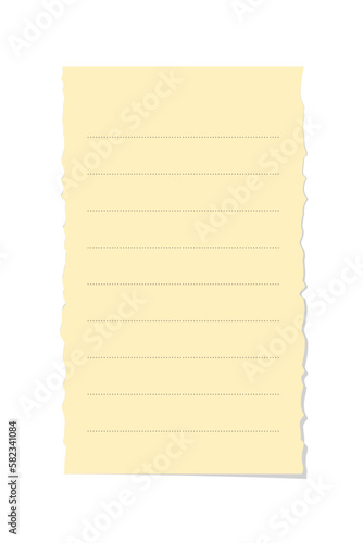 Torn yellow sticky note vector illustration. Vertical office memo paper template.