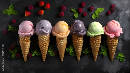 A group of ice cream cones sitting next to each other, Generative Ai