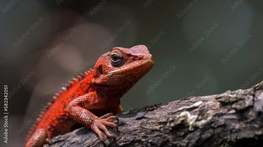 Obraz premium Red Lizard on a Branch. Generative AI.
