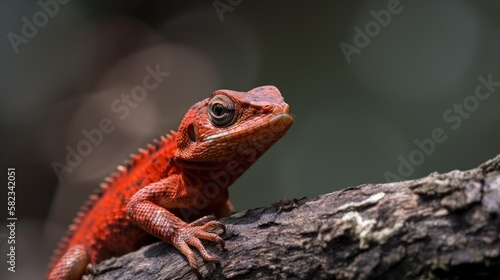Red Lizard on a Branch. Generative AI.