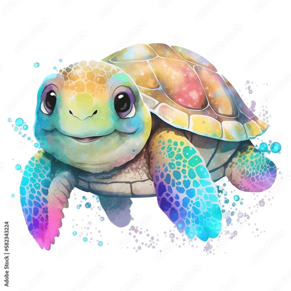 Colorful and Playful Baby Turtle Illustration in Watercolor Style with ...