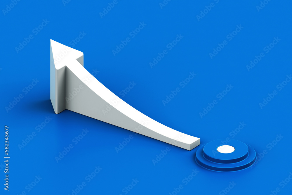 White arrow up icon with podium on blue background. Business concept of goals, success, ambition, achievement and challenges, 3D rendering
