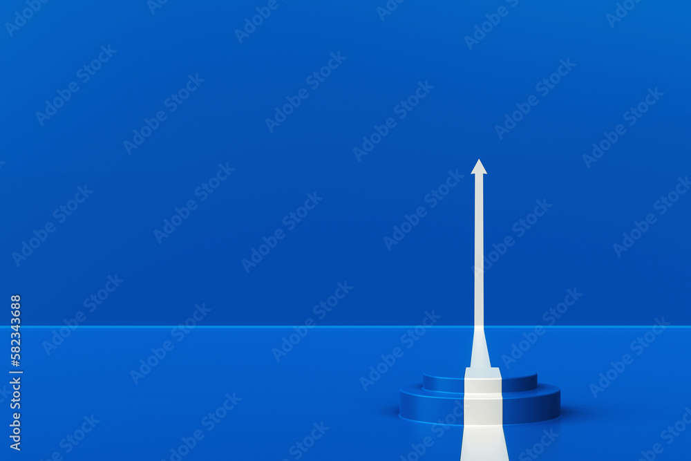 Front view of white arrow climbing up over a podium on blue background. Business concept of goals, success, ambition, achievement and challenges, 3D rendering