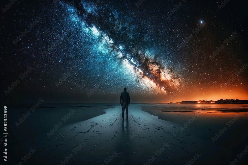 A man stand on the beach watching a milky way