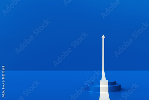 Obraz na płótnie Front view of white arrow climbing up over a podium on blue background. Business concept of goals, success, ambition, achievement and challenges, 3D rendering w salonie