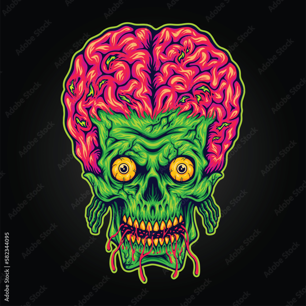 Creepy head skull zombie monster head logo cartoon illustrations vector for your work logo, merchandise t-shirt, stickers and label designs, poster, greeting cards advertising business company brands
