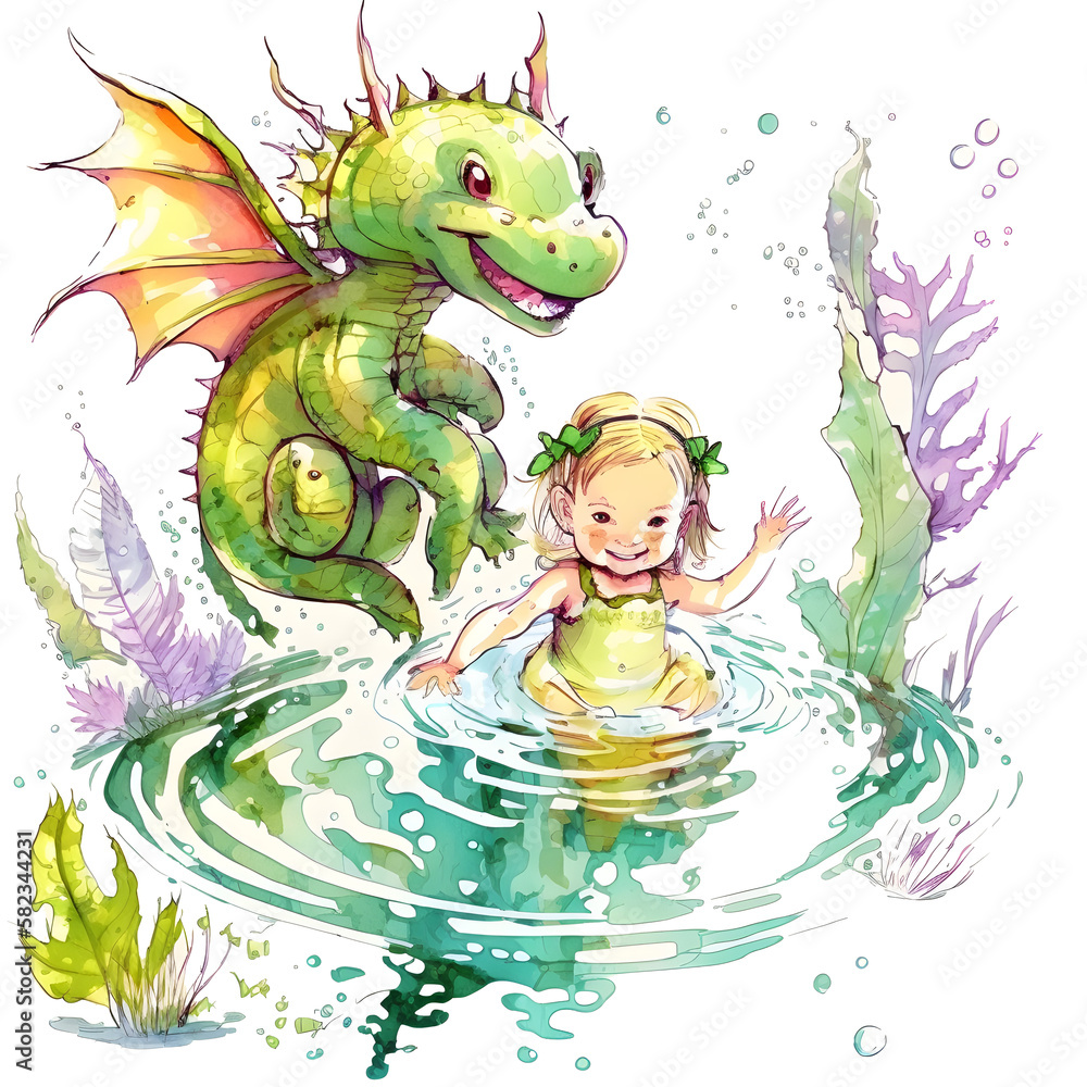 Obraz premium Adorable Fairy Girl and Baby Dragon Explore Enchanted Pond - Transparent PNG, Generative AI
