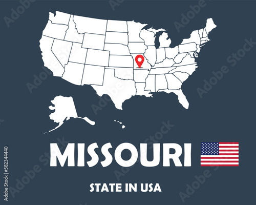 Missouri state of USA text design with America flag and white silhouette map.