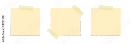Torn yellow sticky note vector illustration. Taped square office memo paper template.