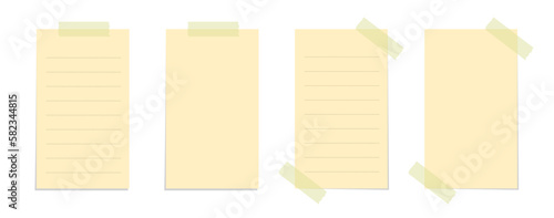 Yellow sticky note vector illustration set. Taped vertical page office memo paper template mockup.