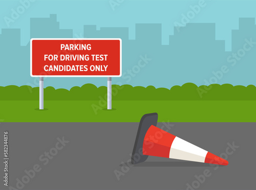 Car drive practicing. Close-up front view of downed red traffic cone on driving school parking area. Flat vector illustration template.