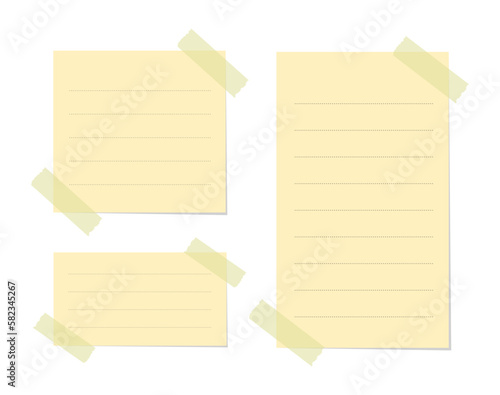 Yellow sticky note illustration set. Taped office memo paper template mockup.