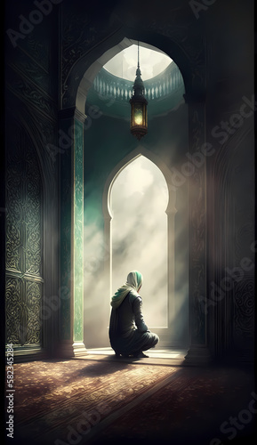 moslem man praying at mosque. Generative AI