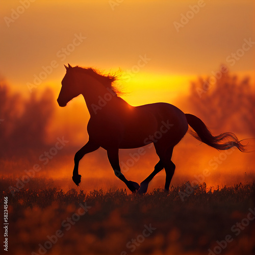 silhouette of a horse in sunset, generative ai