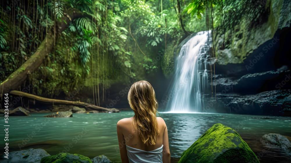 Fototapeta premium woman is standing on a rock in front of a waterfall in a lush green jungle, Generative Ai