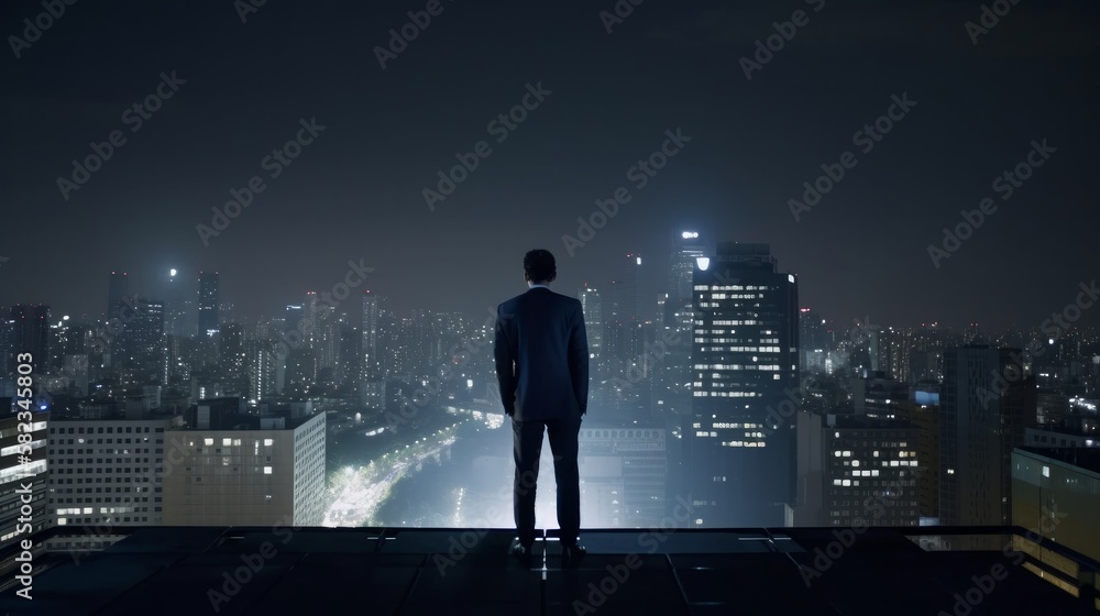 rear view of businessman in formal suit standing on roof top high rise building against urban downtown city building looking down traffic light street transportation night city ,image ai generate rear view of businessman in formal suit standing on roof top high rise building against urban downtown city building looking down traffic light street transportation night city ,image ai generate