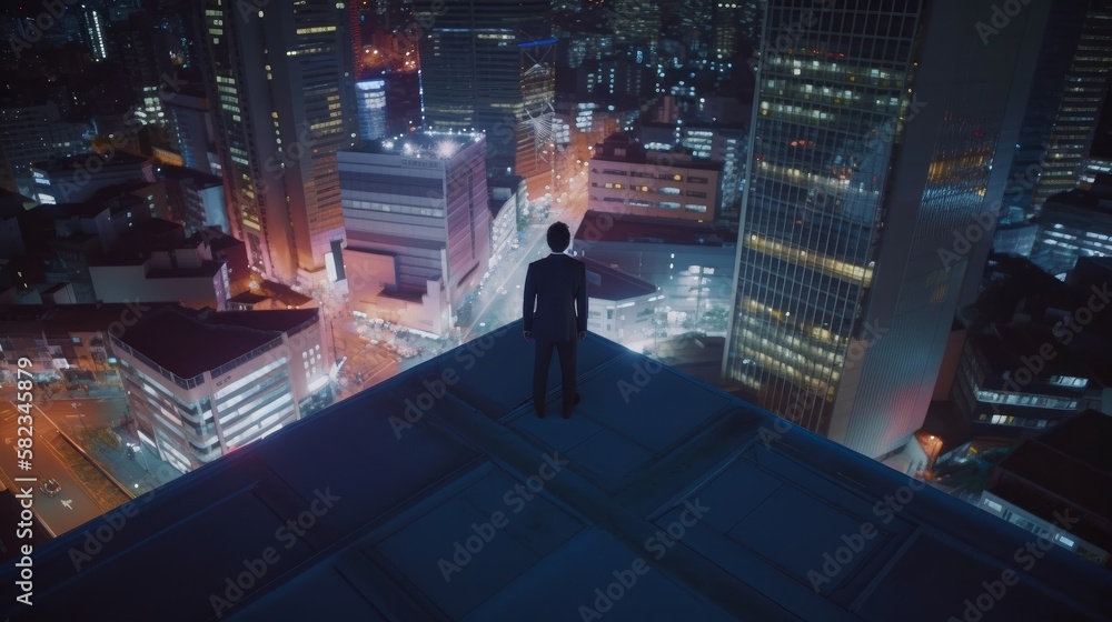  rear view of businessman in formal suit standing on roof top high rise building against urban downtown city building looking down traffic light street transportation night city ,image ai generate