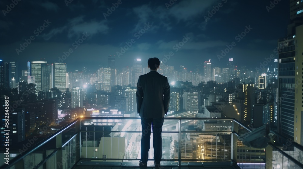 rear view of businessman in formal suit standing on roof top high rise building against urban downtown city building looking down traffic light street transportation night city ,image ai generate rear view of businessman in formal suit standing on roof top high rise building against urban downtown city building looking down traffic light street transportation night city ,image ai generate