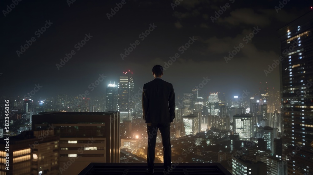 rear view of businessman in formal suit standing on roof top high rise building against urban downtown city building looking down traffic light street transportation night city ,image ai generate rear view of businessman in formal suit standing on roof top high rise building against urban downtown city building looking down traffic light street transportation night city ,image ai generate