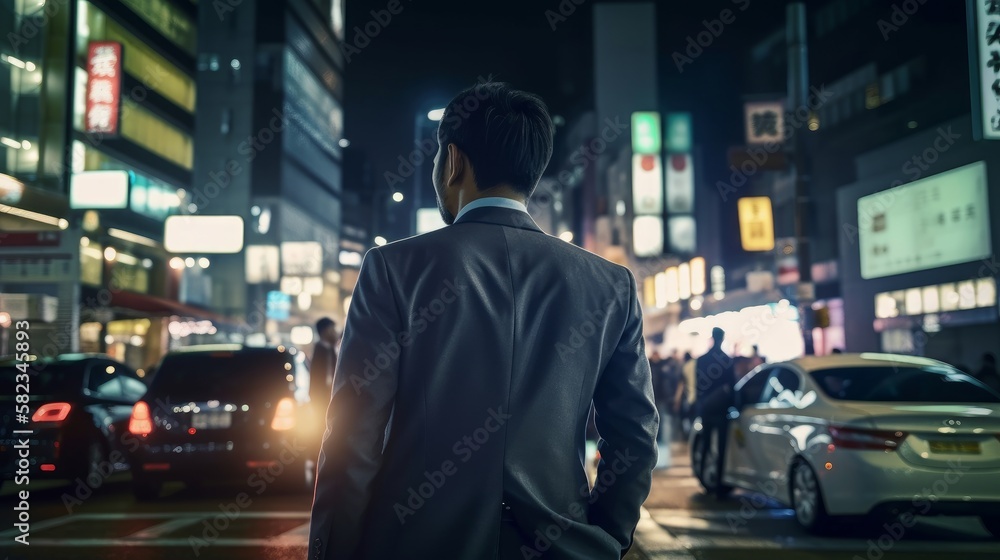 rear view of businessman formal suit standing at street intersection urban downtown city full of car transportation and advertising neon billboard night lifestyle, image ai generate rear view of businessman formal suit standing at street intersection urban downtown city full of car transportation and advertising neon billboard night lifestyle, image ai generate