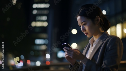 close up portrait view of asian business woman formal suit cloth hand using smartphone data searching at night after work night lifestyle,image ai generate