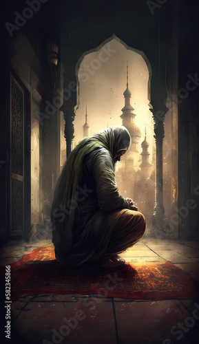 moslem man praying at mosque. Generative AI