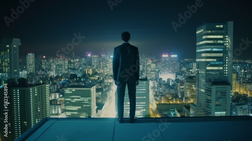  rear view of businessman in formal suit standing on roof top high rise building against urban downtown city building looking down traffic light street transportation night city  image ai generate