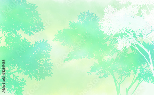 重なる木のシルエット・爽やか初夏イメージ-ふんわり水彩画テクスチャ イラスト素材 差分有