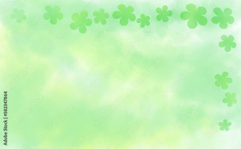 緑の花柄シルエットのL字フレーム・初夏イメージ-ふんわり水彩画テクスチャ イラスト素材 差分有