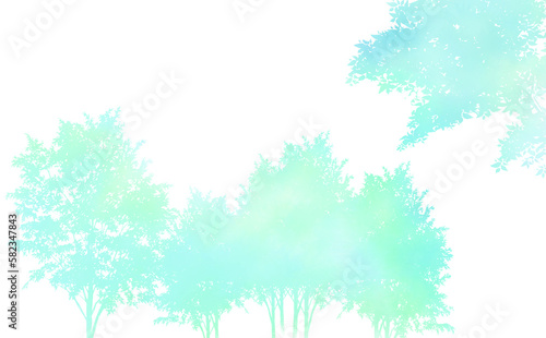 青の木のシルエット・爽やか初夏イメージ-ふんわり水彩画テクスチャ 白背景 イラスト素材 差分有