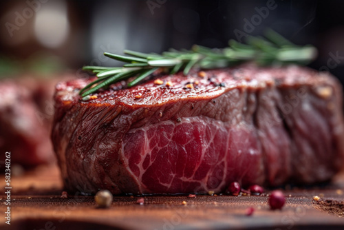 A piece of beef with a sprig of rosemary on it. Generative ai