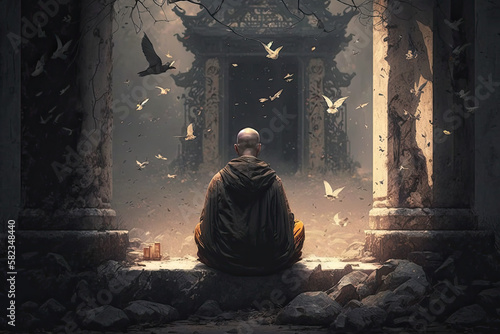 Monk meditating while the world deteriorates - made with generative ai