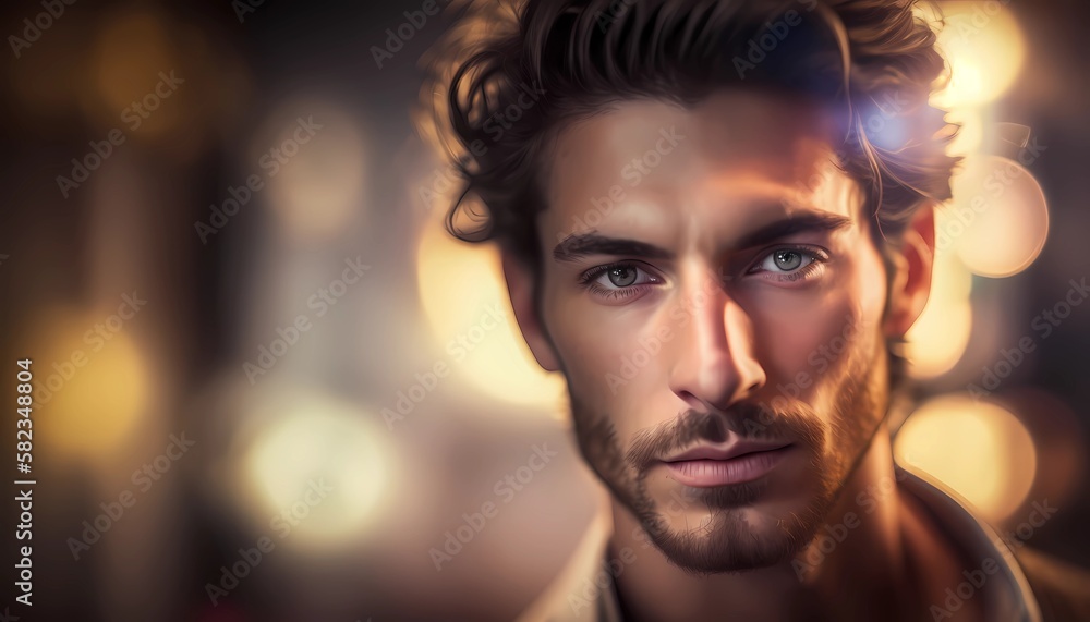 Handsome man closeup, blue eyes, portrait, Ai generated