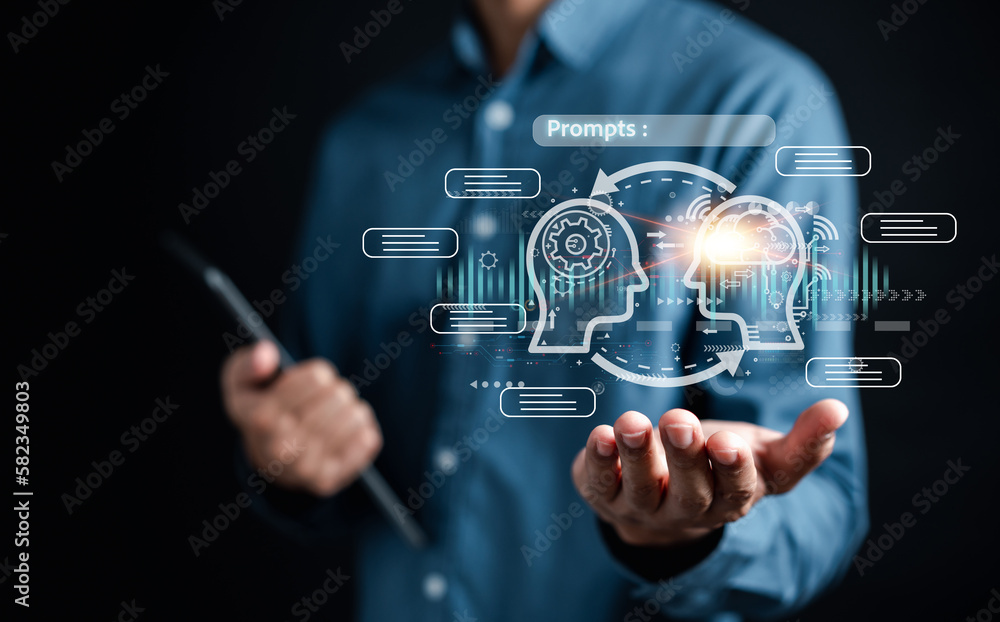 Obraz premium Businessman using chat bot intelligence Ai. Chat with AI Artificial Intelligence, developed by OpenAI generate. Futuristic technology, robot in online system.