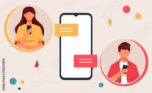Dating app Flat Design Concept, Male and Female  Sending Message with Smartphone in Dating App Vector Illustration