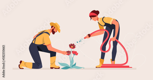 Planting tree, man and woman gardening and growing plant vector. Romantic man and woman water and care for the love plant. 