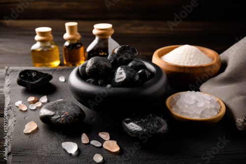 Massage stones, essential oils, and sea salt, generative AI (ID: 582350696)