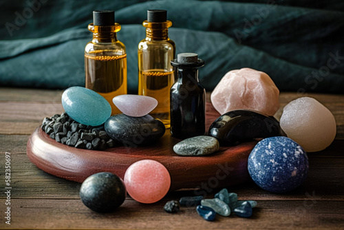 Massage stones, essential oils, and sea salt, generative AI (ID: 582350697)